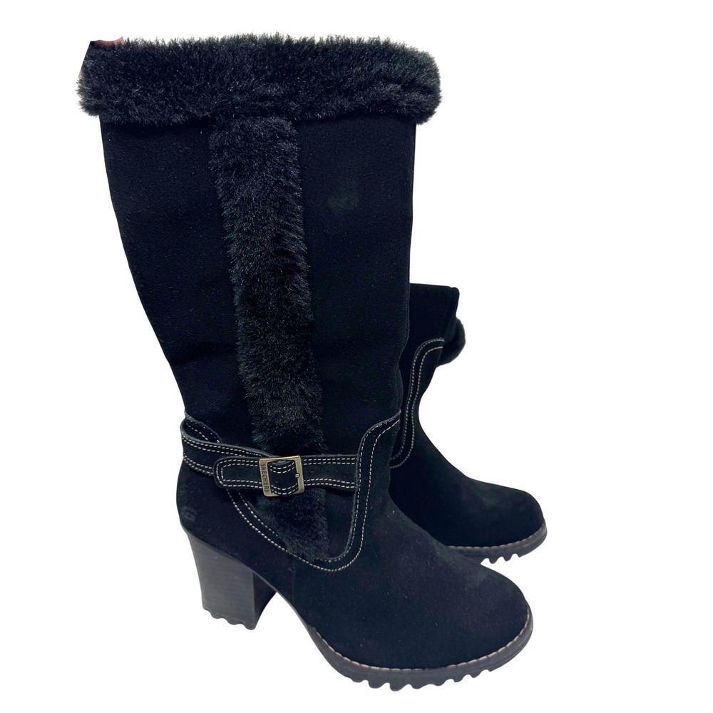 Y2K Boho Mid Calf Boot Black Suede Skechers Faux Fur Trim Block Heel 7.5 Women